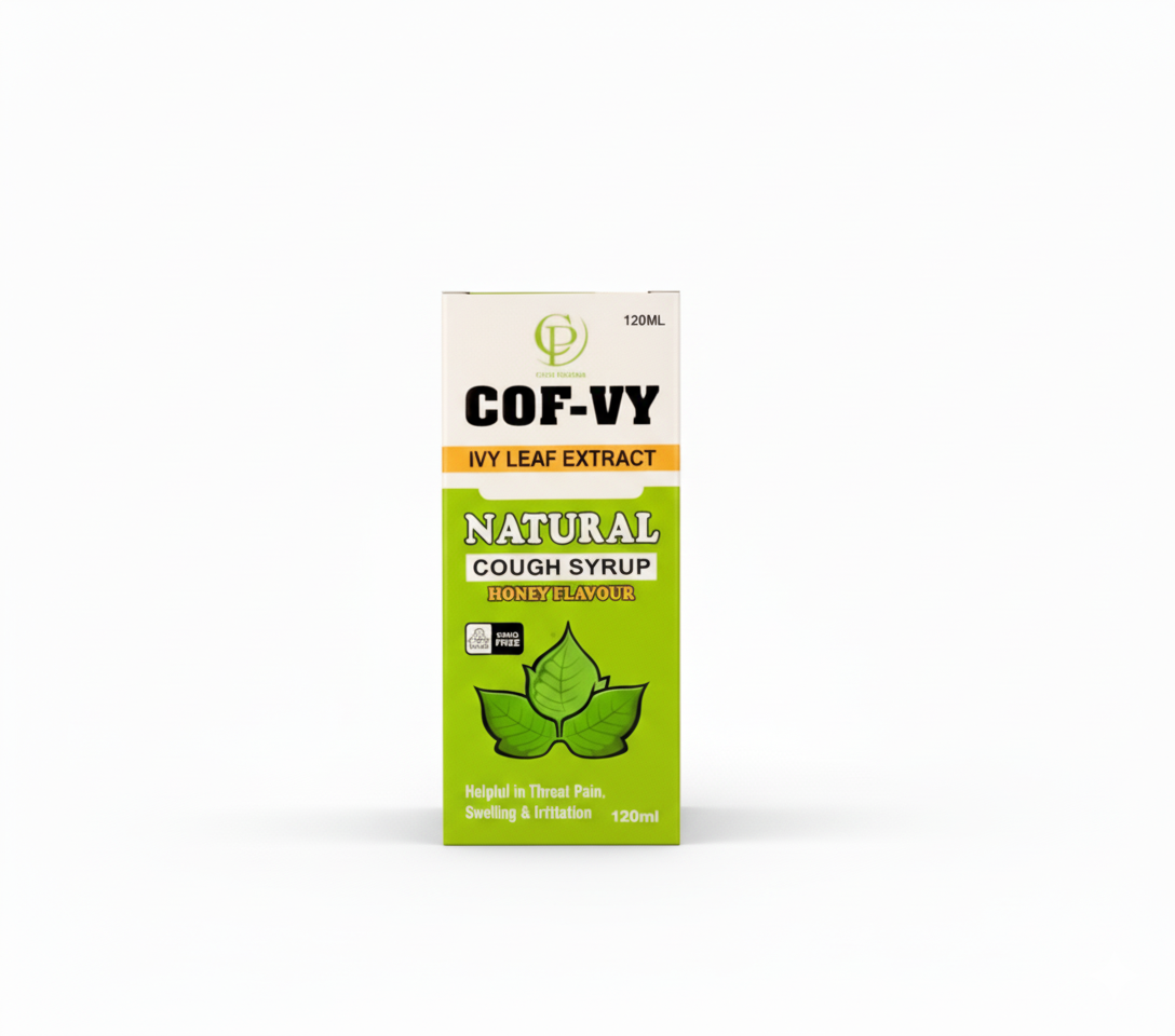 COF-VY Ivy Leaf Extract natural cough syrup packaging on a white background
