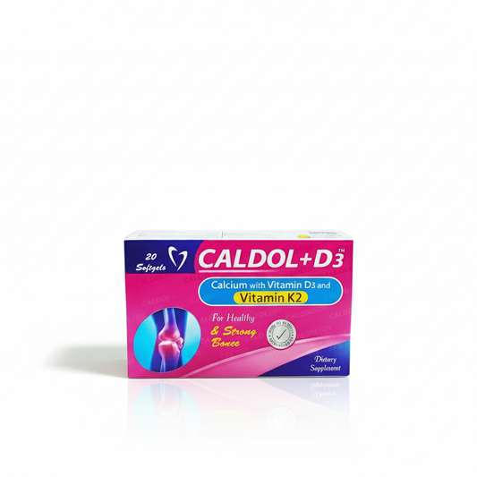 Box of CALDOL + D3 supplement on a white background