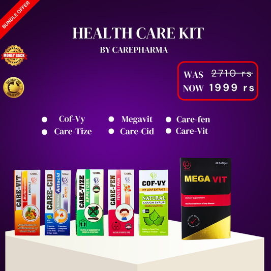 Health care kit by Carepharma with various health supplements on a purple background
