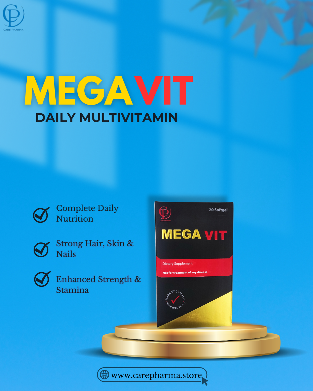 Mega Vit daily multivitamin packaging on a blue background with branding elements.